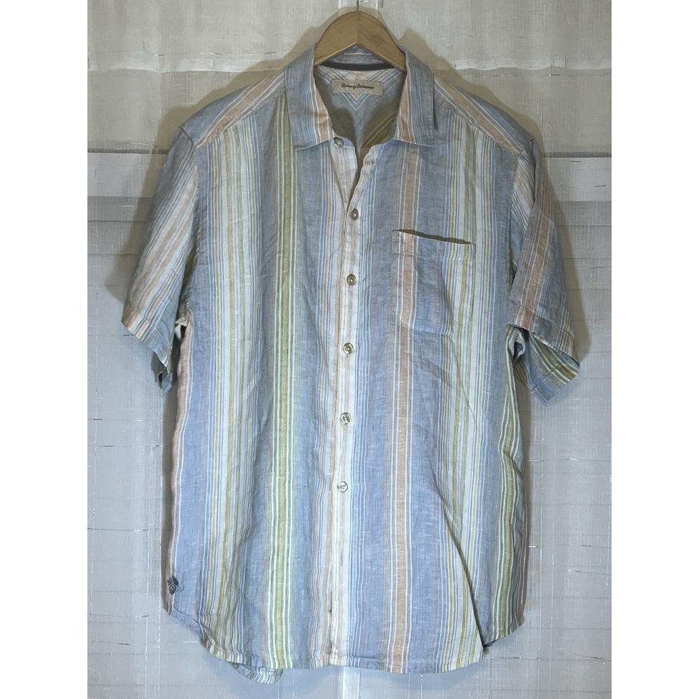 Tommy Bahama 100% Linen Hawaiian Light Blue & Orange Shirt Men's Size LARGE